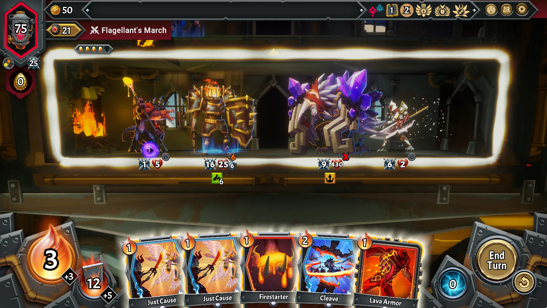 Captura Monster Train Escena De Combate Con Tres Enemigos Y Cartas Desplegadas