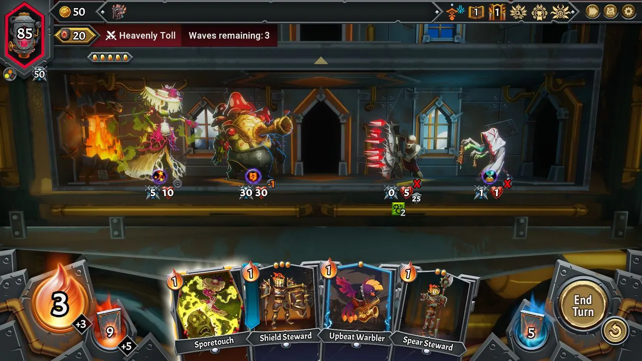 Captura Monster Train Jugabilidad Con Cartas Activas Y Enemigos En Multiples Pisos De Un Tren