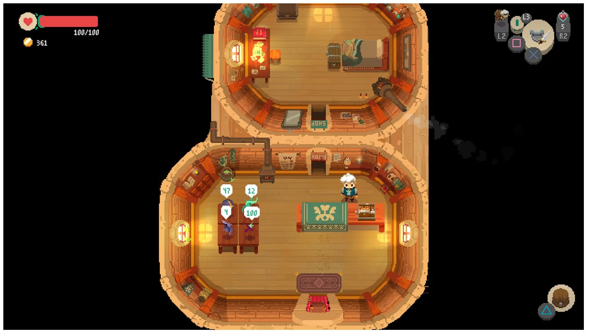 Captura Moonlighter Interior De Tienda Con Vista Superior Y Estanterias Iluminadas