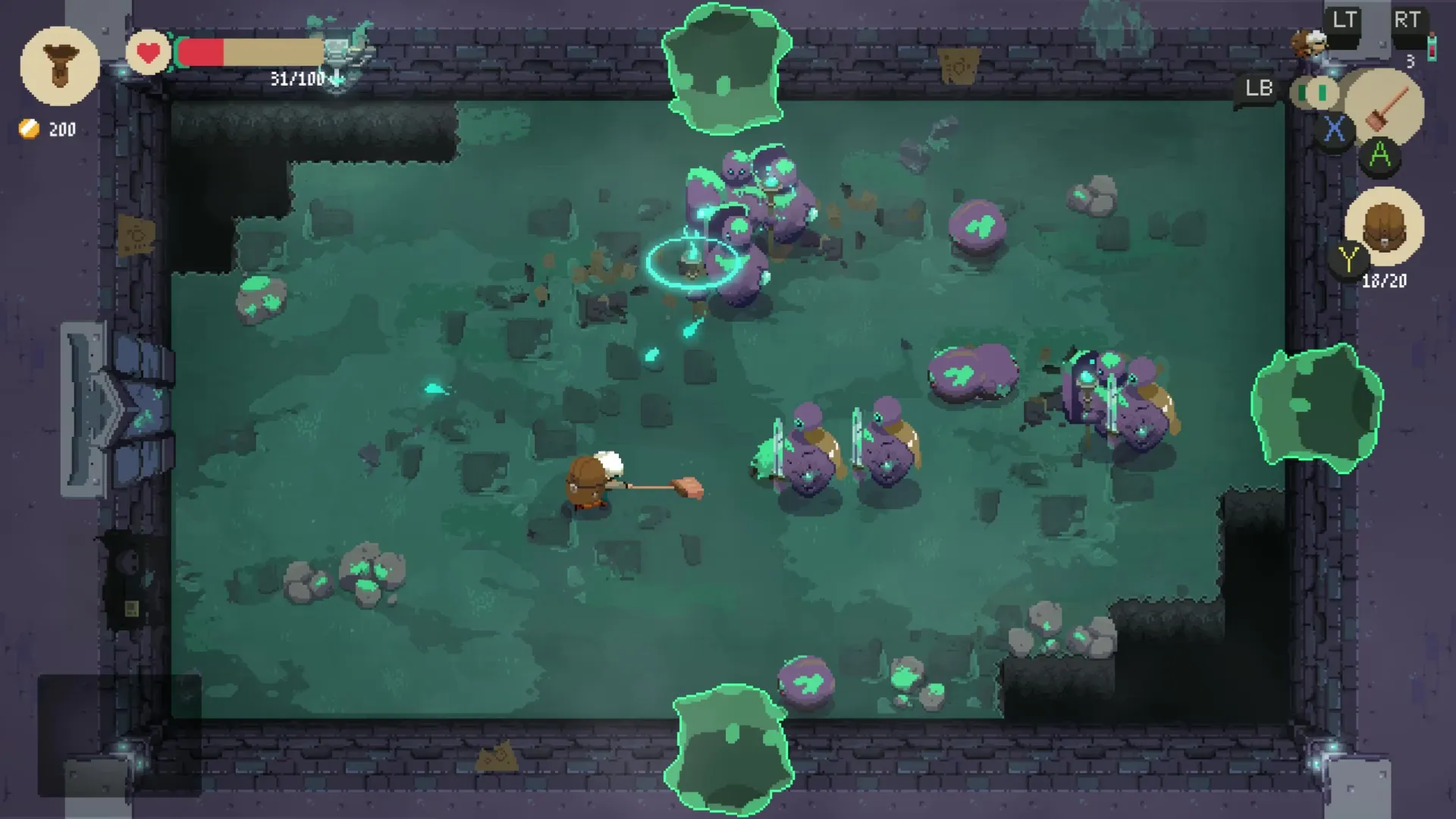Captura Moonlighter Mazmorra Con Enemigos Y Elementos Verdes Flotantes