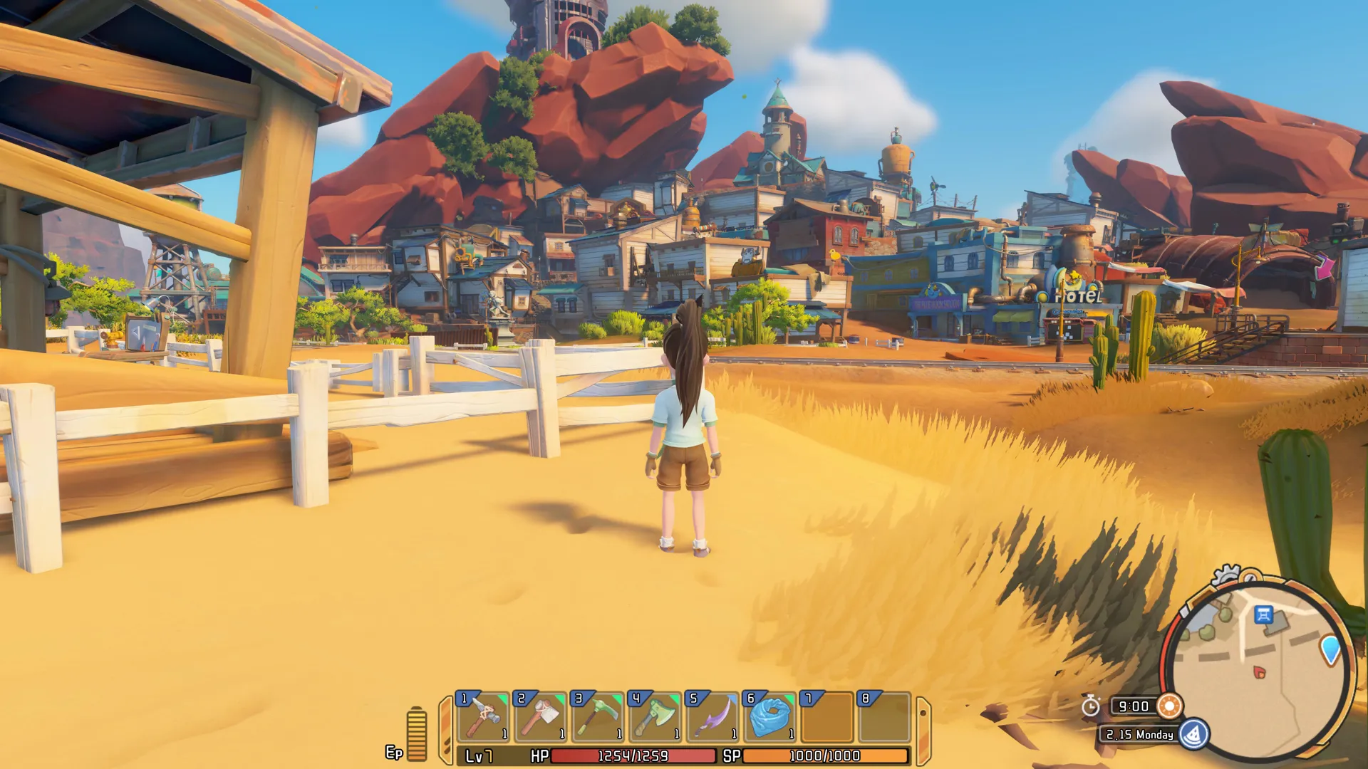 Captura My Time At Sandrock – Jugadora Caminando Por Un Poblado Soleado En El Desierto
