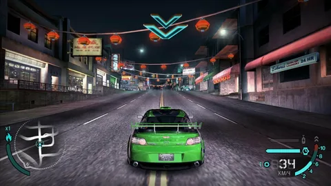 Captura Need For Speed Carbon – Auto Verde Corriendo Por Ciudad Iluminada De Noche