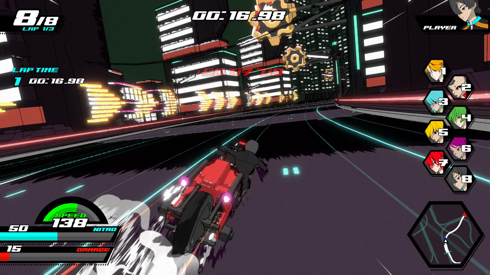 Captura Neon APEX Vehiculo Rojo Toma La Delantera En Una Pista Con Rascacielos Iluminados