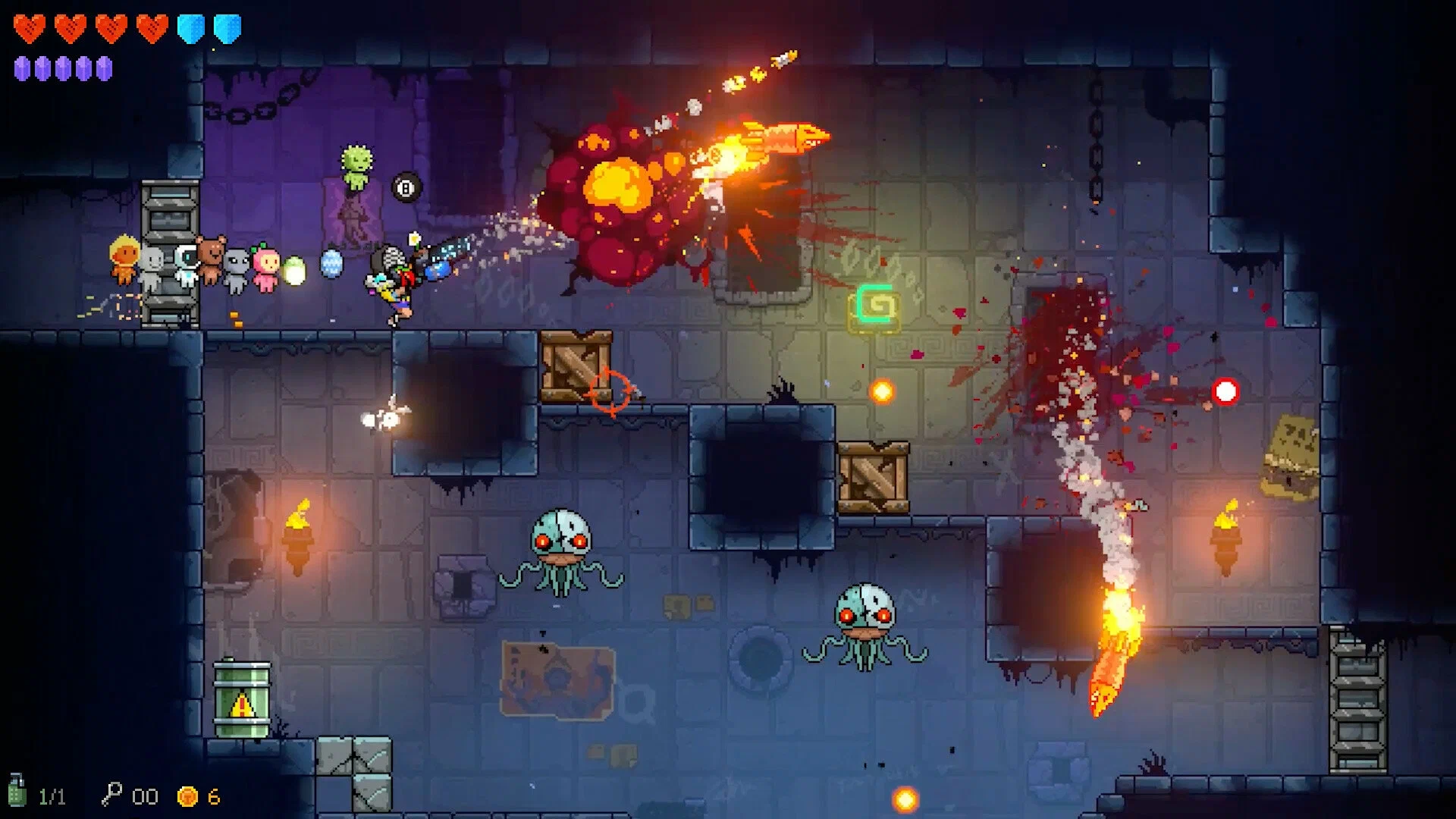 Captura Neon Abyss 2 – Disparos Fuego Y Enemigos En Una Zona Con Plataformas Y Obstaculos