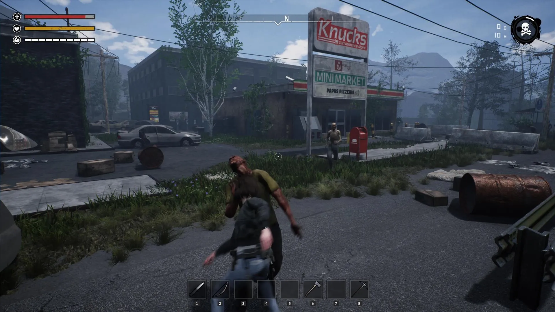 Captura Night Of The Dead Mujer Armada Camina Por Un Pueblo En Ruinas Con Zombis A Lo Lejos