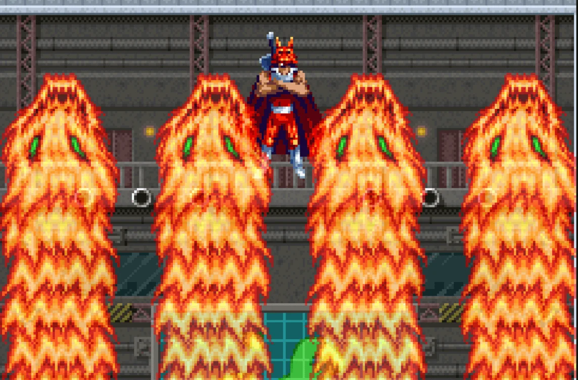 Captura Ninja Five O – Guerrero Ninja Sobre Columnas De Fuego En Plataforma Vertical