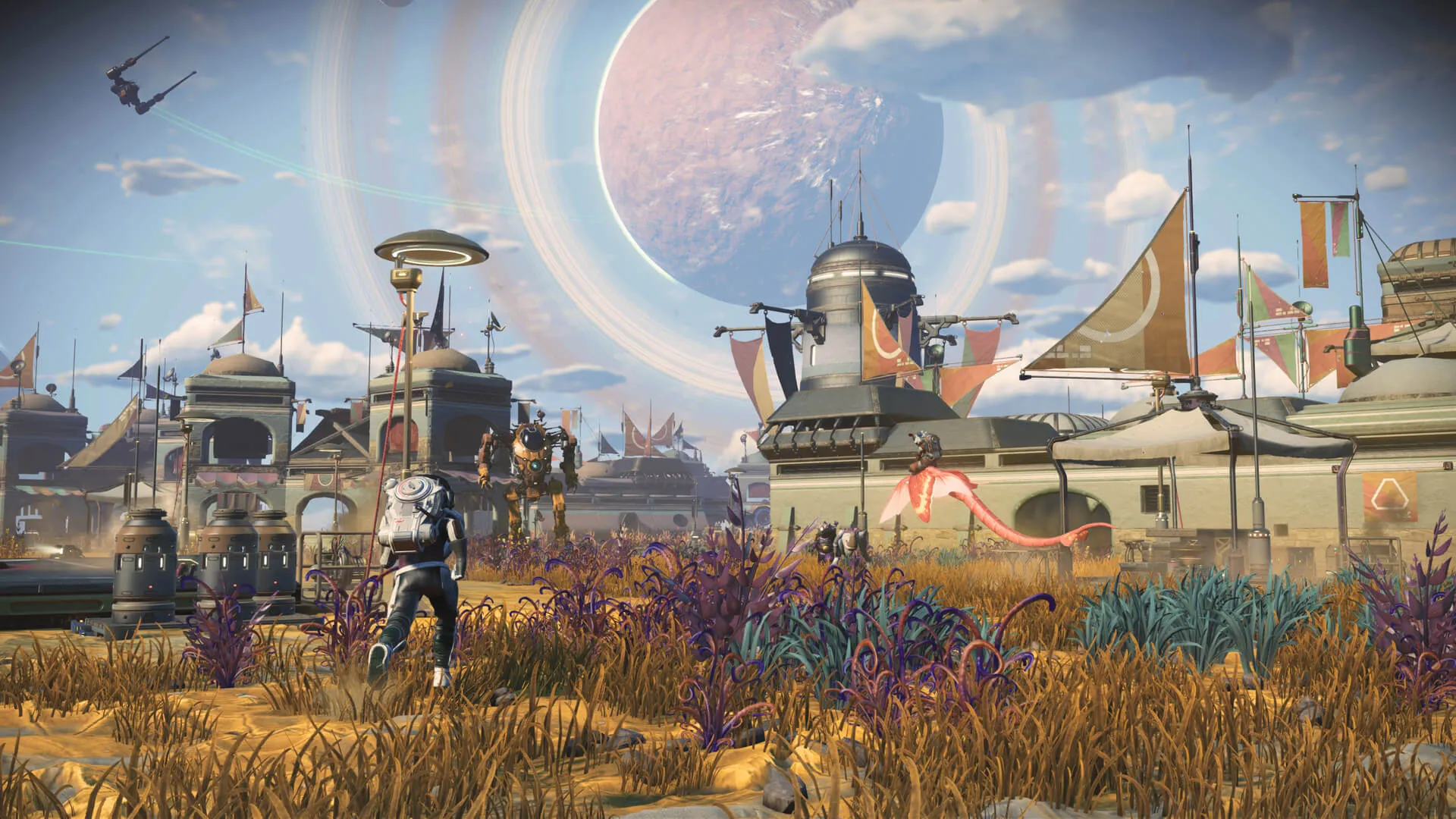 Captura No Mans Sky Ciudad Alienigena Con Arquitectura Retrofuturista Y Vegetacion Colorida