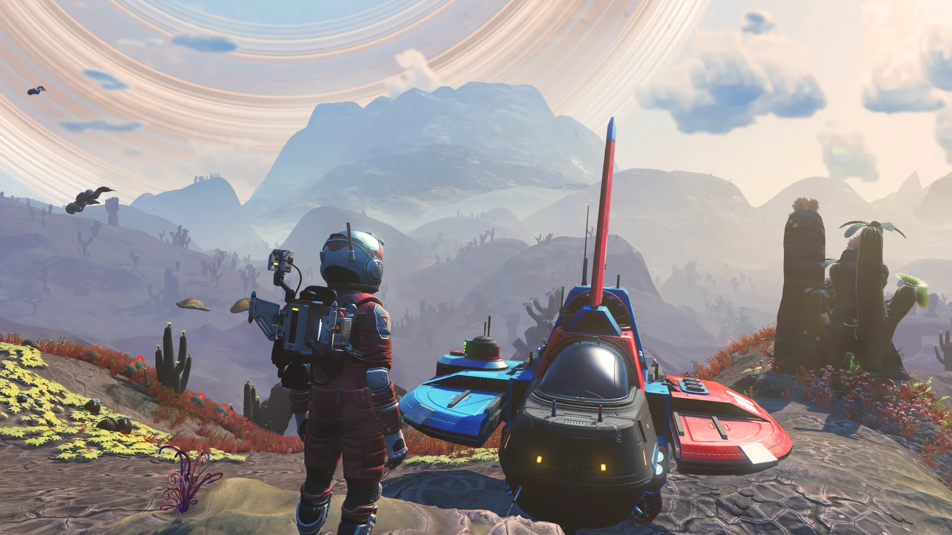 Captura No Mans Sky Personaje Observa Dos Naves Sobre Un Valle Alienigena