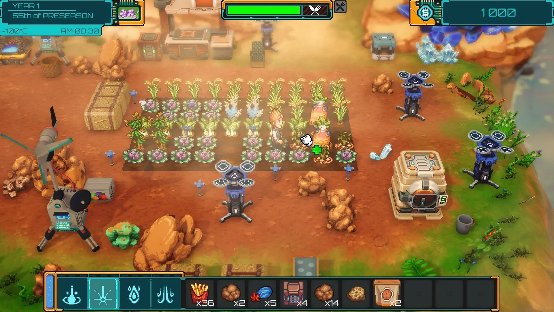 Captura One Lonely Outpost – Robots Cultivan Hortalizas En Un Terreno Marciano Con Interfaz Visible