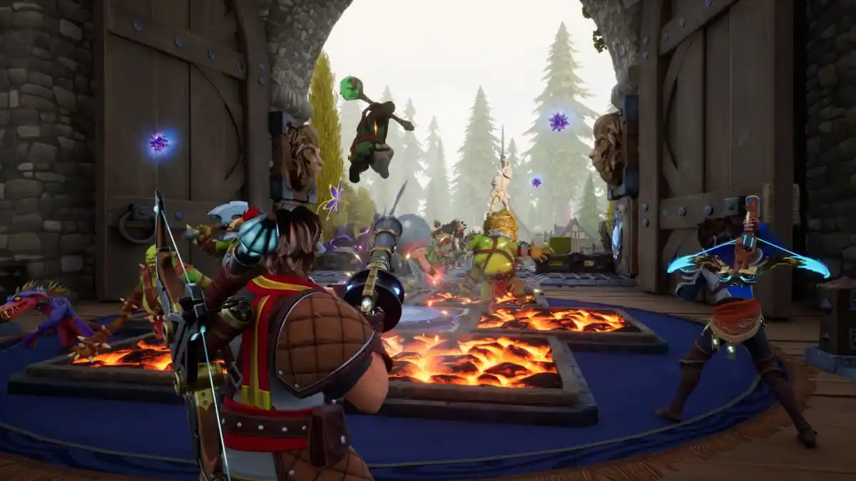 Captura Orcs Must Die Deathtrap Guerrero Enfrentando Enemigos En Puente Con Trampas Activadas