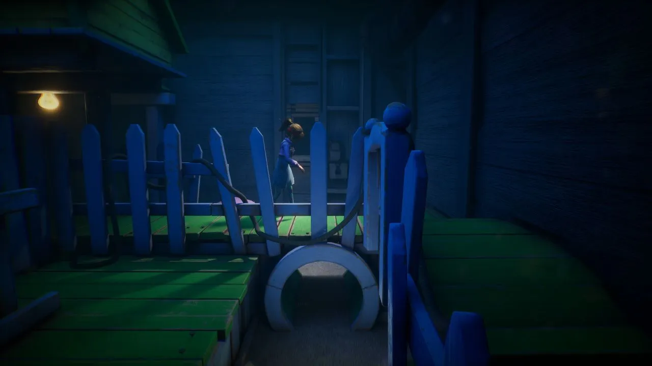 Captura Out Of Sight – Un Personaje Sostiene Una Linterna En Un Patio Trasero Iluminado Por Luces Azules