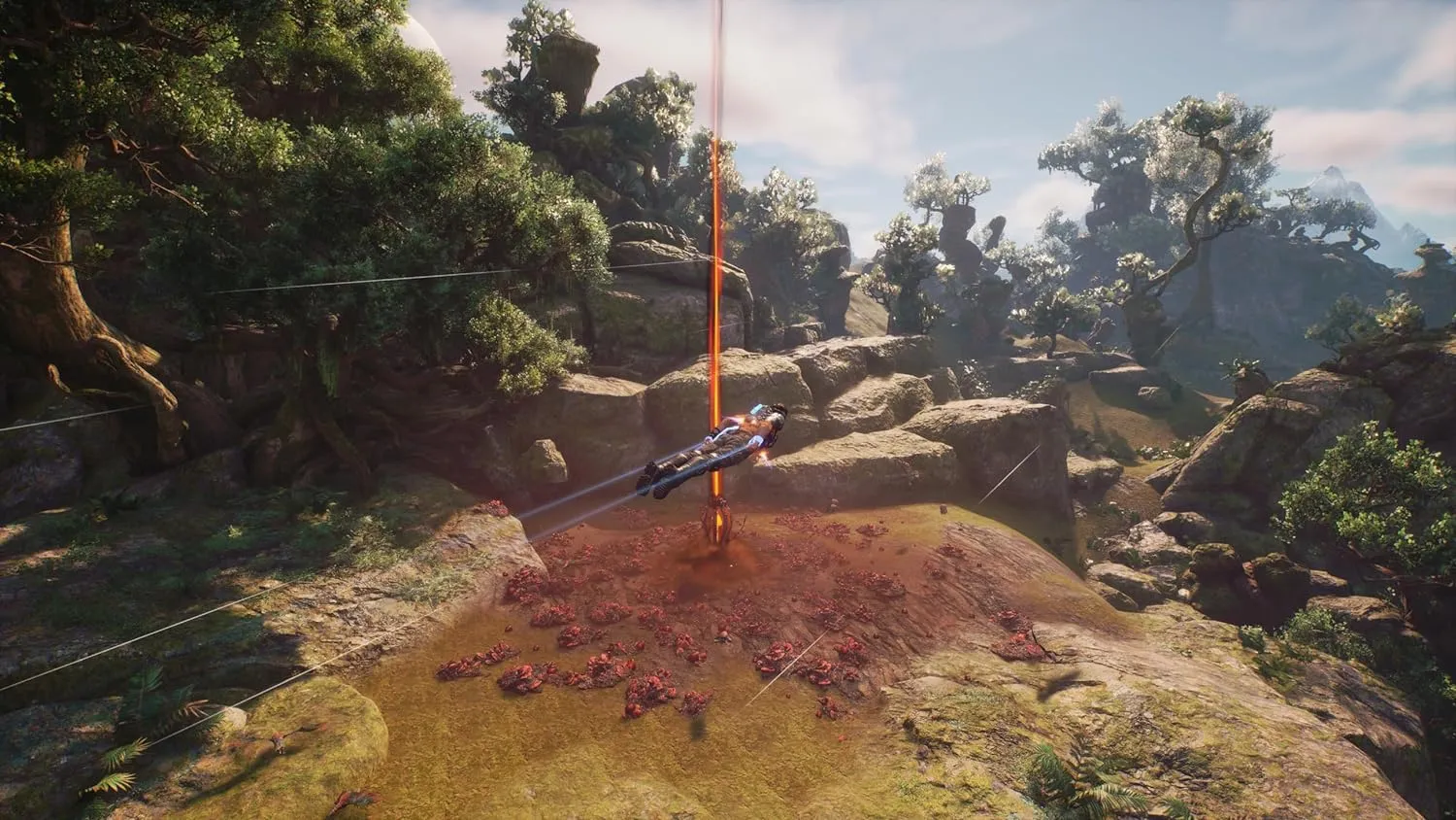 Captura Outcast A New Beginning – Rayo Naranja Impactando El Suelo En Entorno Selvatico