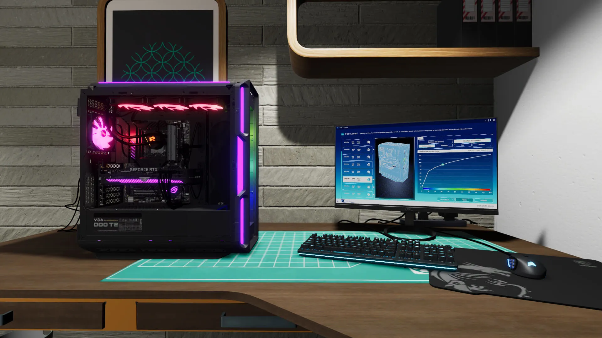Captura PC Building Simulator 2 – Gabinete Con Luces Violetas Al Lado De Monitor Y Teclado