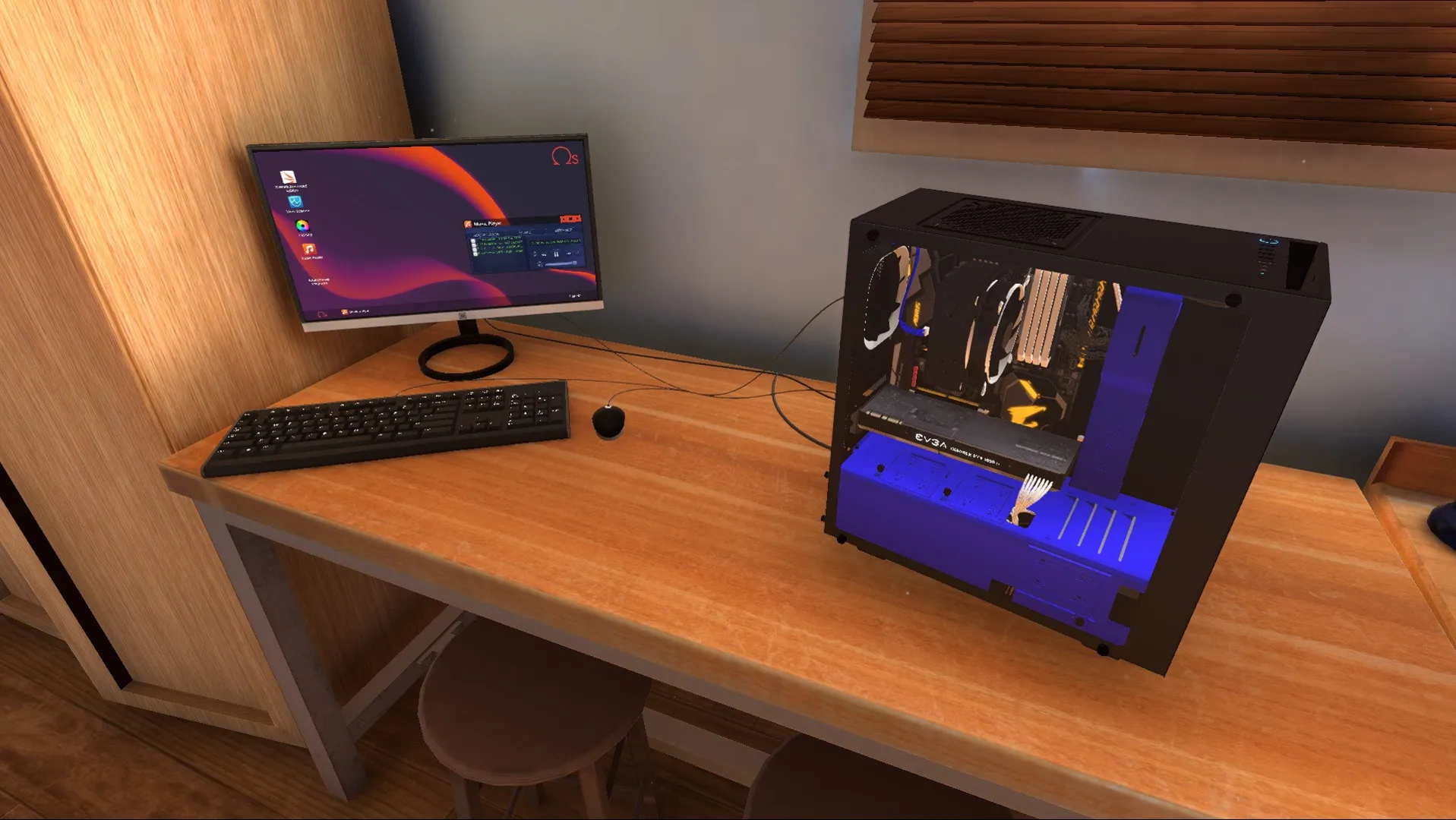 Captura PC Building Simulator 2 – Mesa Con Gabinete Negro Y Pantalla Roja
