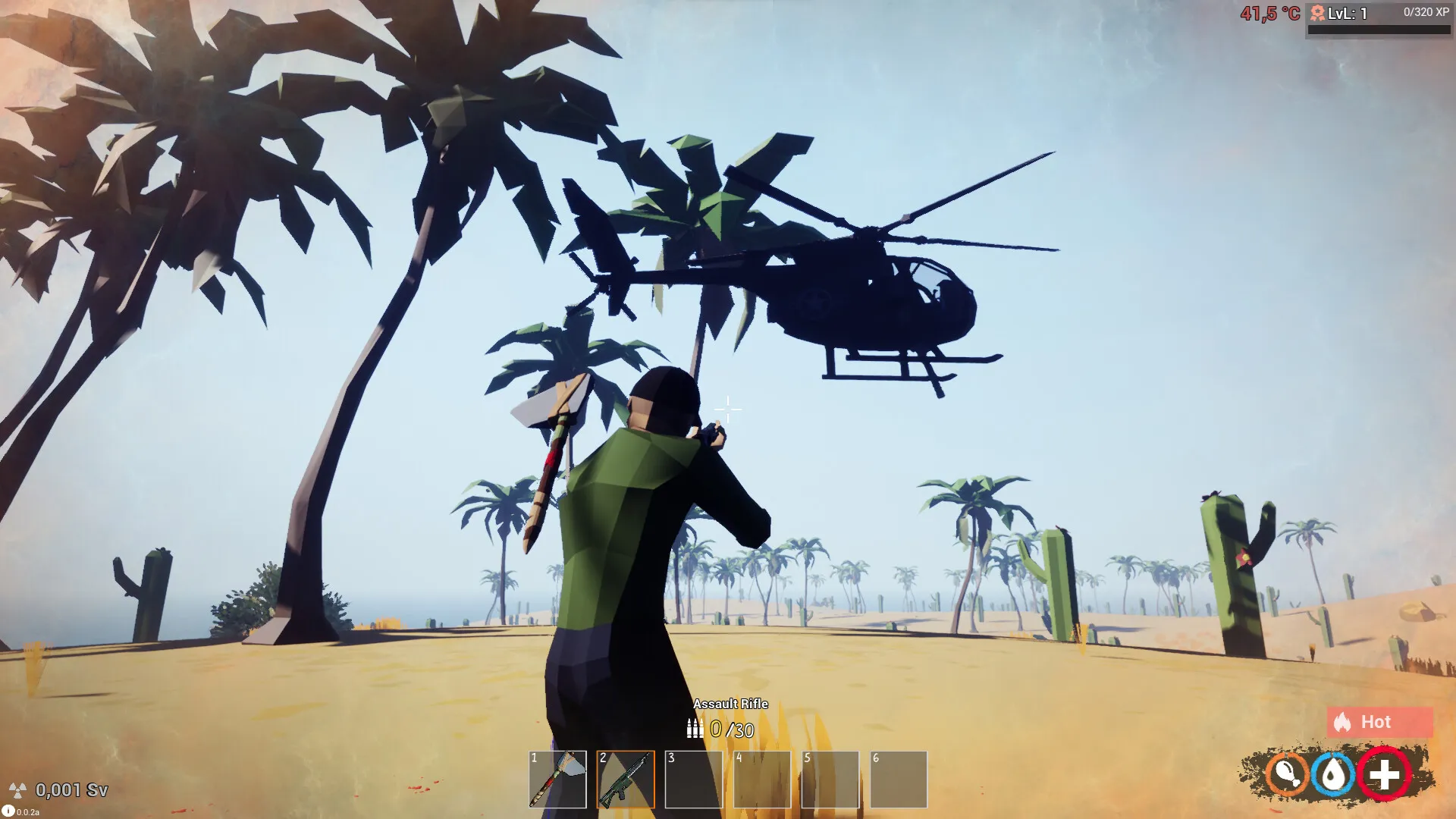 Captura POLYGEDDON Survive Jugador Apuntando A Un Helicoptero Desde La Playa Con Palmeras
