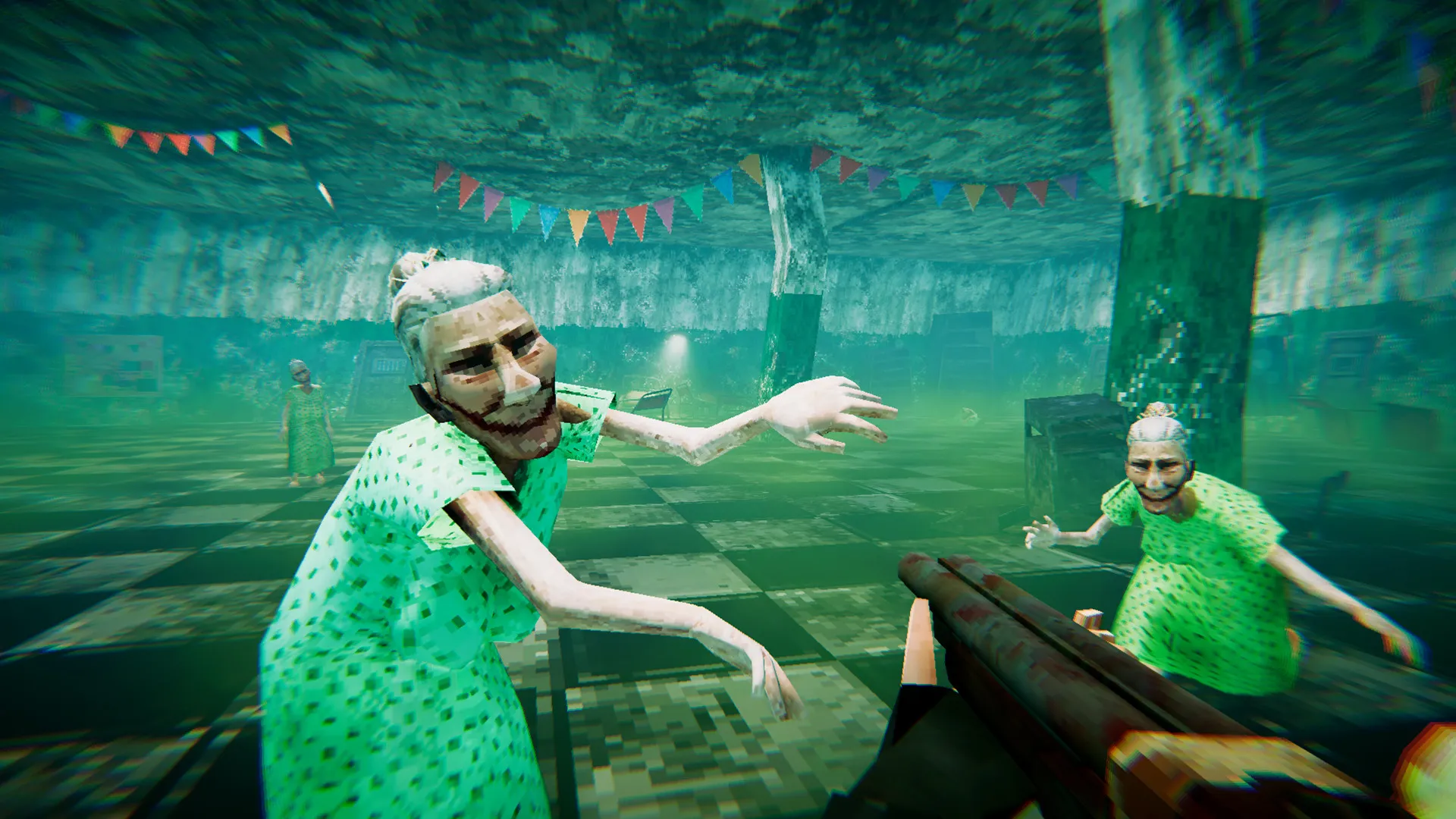 Captura POSTAL Brain Damaged – Dos Hombres En Batas Verdes Dentro De Un Espacio Surrealista