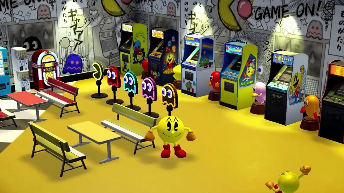 Captura Pac Man Museum – Pac Man Caminando Entre Maquinas Clasicas En El Lobby