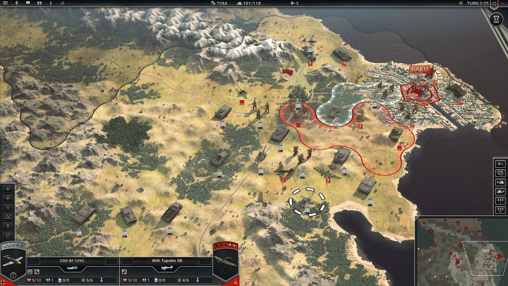 Captura Panzer Corps 2 – Zona Desertica Con Multiples Frentes De Ataque Marcados En Rojo