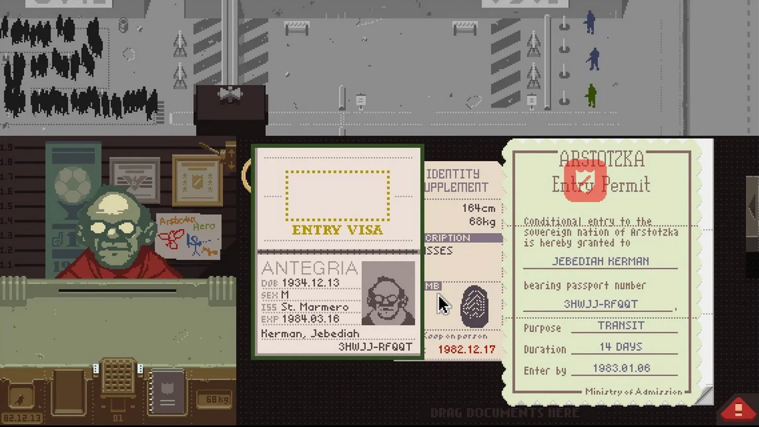 Captura Papers Please Documentos Apilados Sobre El Escritorio Mientras Un Personaje Espera Al Frente