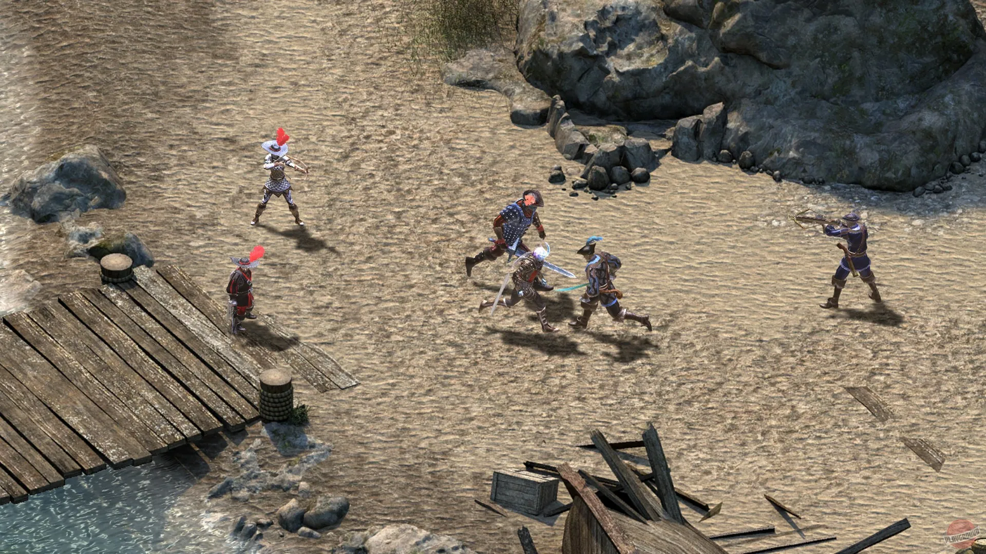 Captura Pillars Of Eternity II Deadfire Pelea En Una Playa Con Maderas Rotas Y Enemigos Dispersos