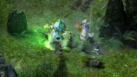 Captura Pillars Of Eternity II Deadfire Un Grupo Combate En Un Bosque Con Luz Verde Magica