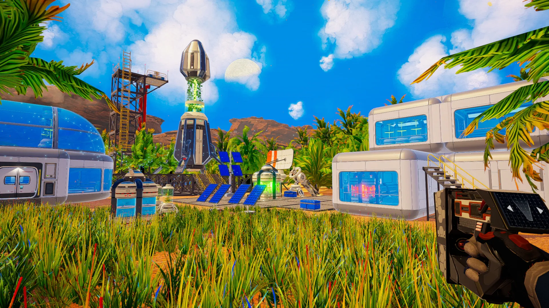 Captura Planet Crafter Base Tecnologica En Un Planeta Con Vegetacion Exotica Y Cielo Despejado