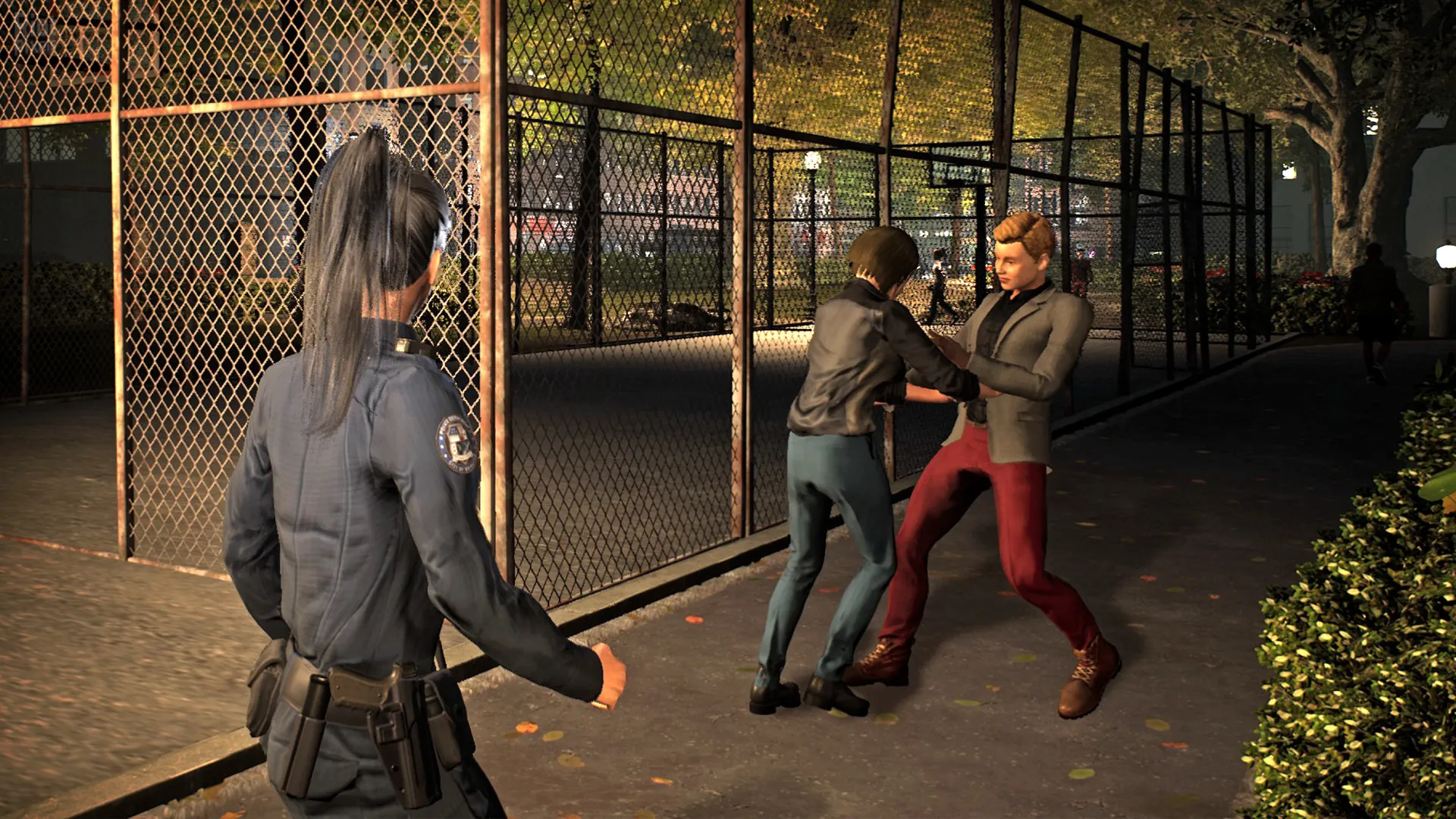 Captura Police Simulator Patrol Officers – Agentes Esposando A Un Sospechoso Junto A Una Verja Urbana
