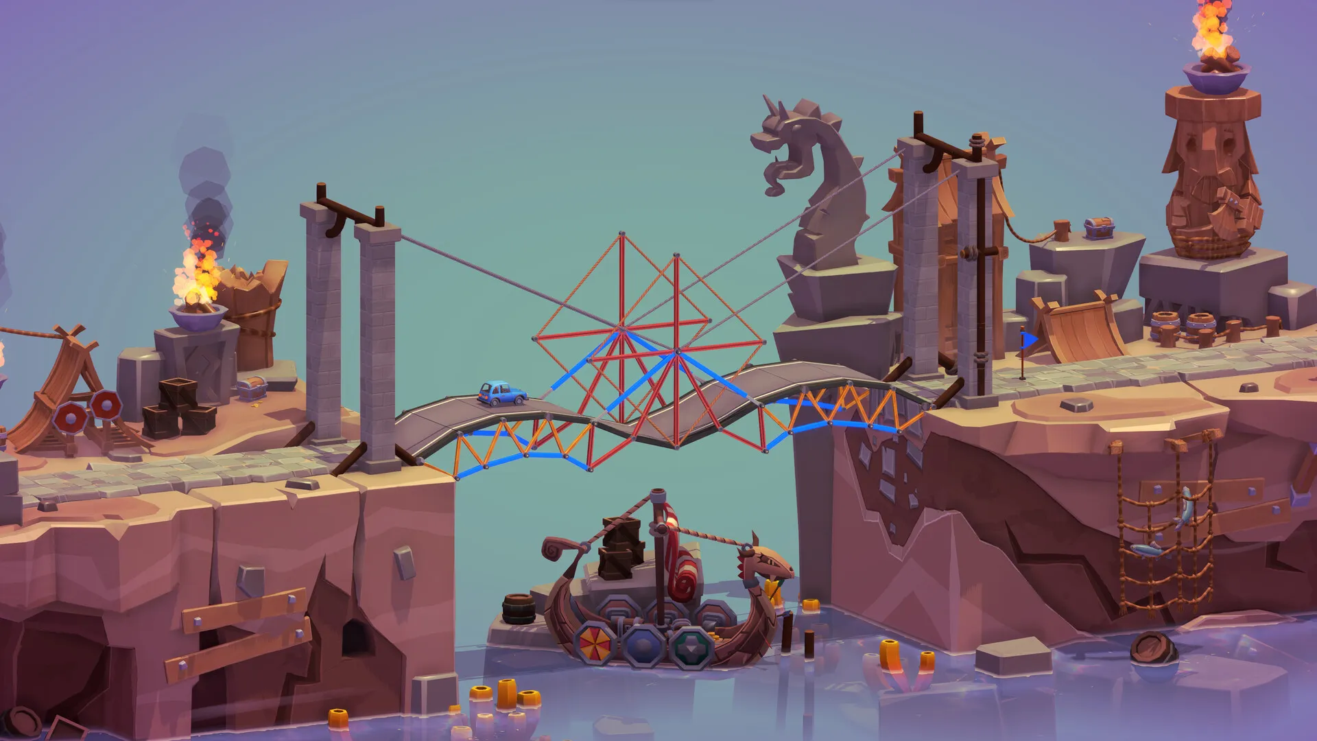 Captura Poly Bridge 3 Puente Colgante Sobre Un Abismo Entre Estructuras Con Dragones De Piedra