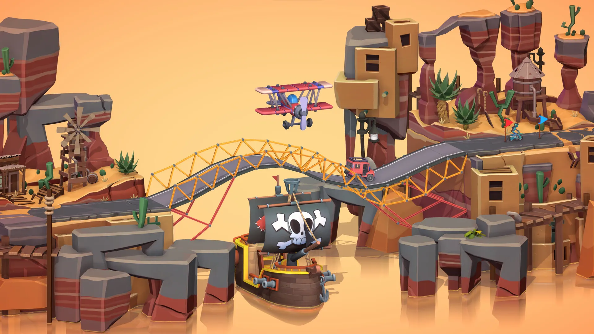Captura Poly Bridge 3 Puente Elevado Con Auto Y Avion Sobre Paisaje Anaranjado