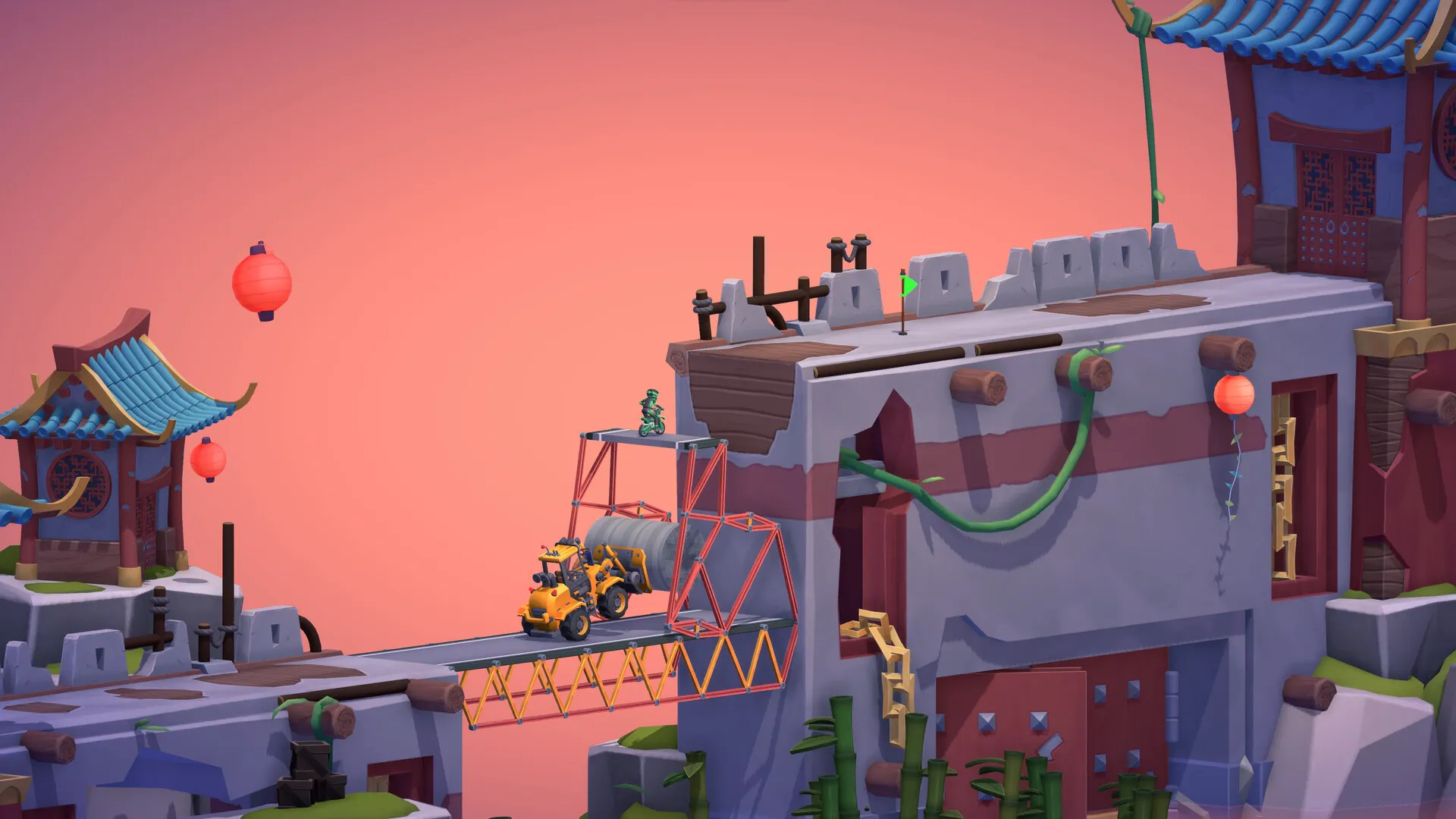 Captura Poly Bridge 3 Zona Urbana Con Edificios Coloridos Y Globos Al Atardecer