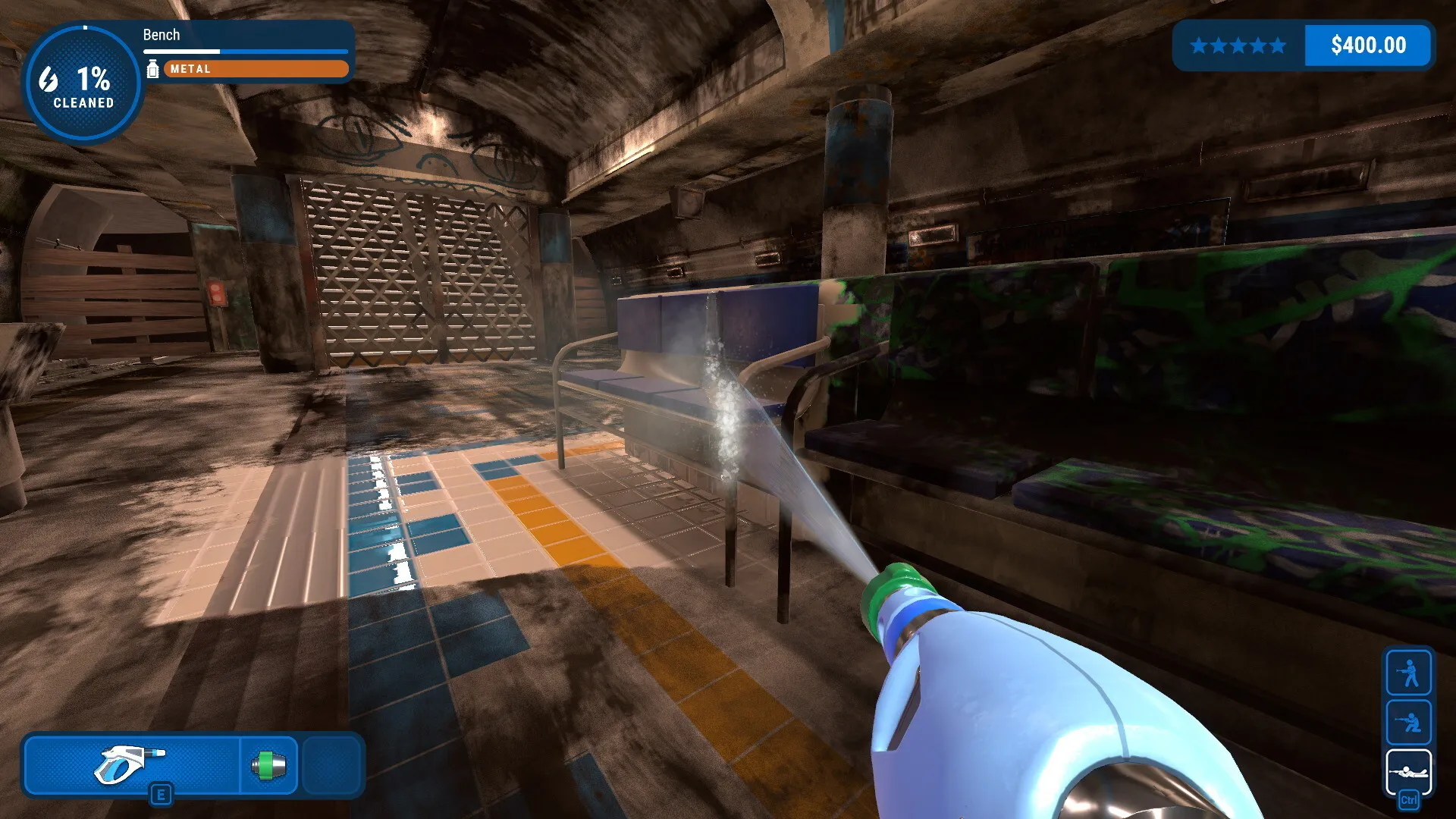 Captura PowerWash Simulator – Lavado De Una Zona Oscura Con Madera Deteriorada