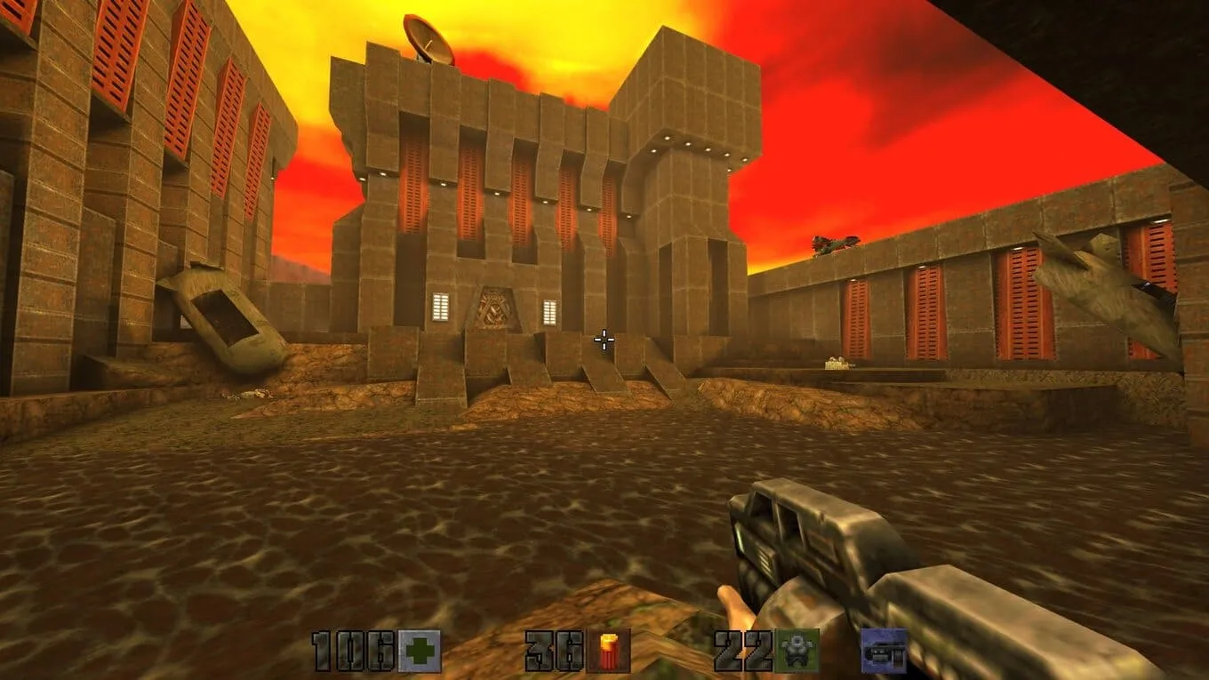 Captura Quake II RTX Mismo Escenario Exterior Con Cielo Anaranjado Desde Otro Angulo