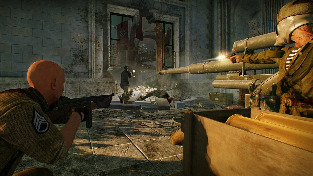 Captura RAID World War II – Escena Nocturna Dentro De Un Tunel Con Arma Apuntando Al Frente