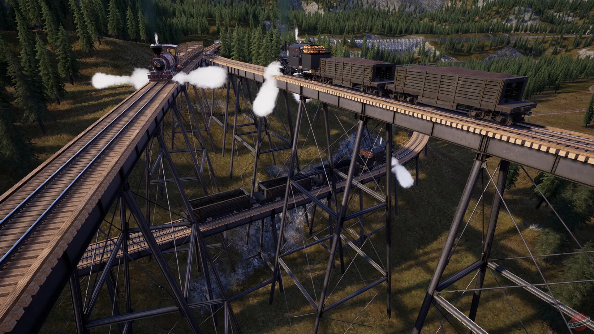 Captura Railroads Online Trenes Sobre Un Puente Elevado De Madera Cruzando El Rio