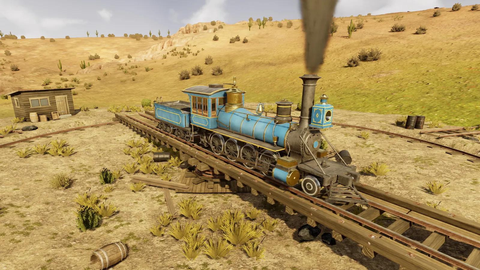 Captura Railway Empire – Tren Azul Recorriendo Un Paisaje Desertico