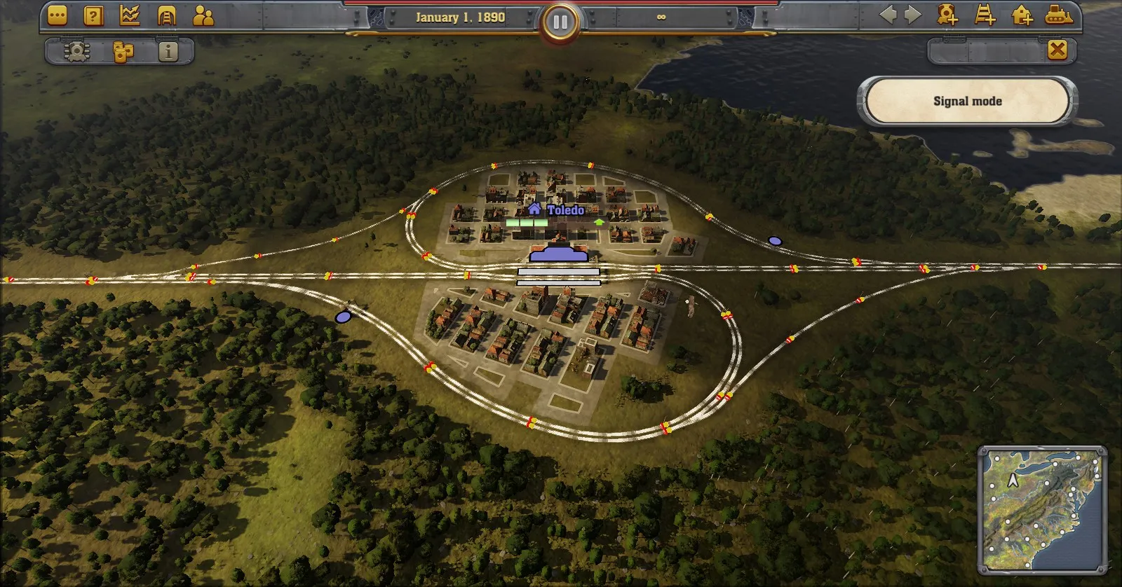 Captura Railway Empire – Vista Aerea De Un Centro Ferroviario En Zona Boscosa