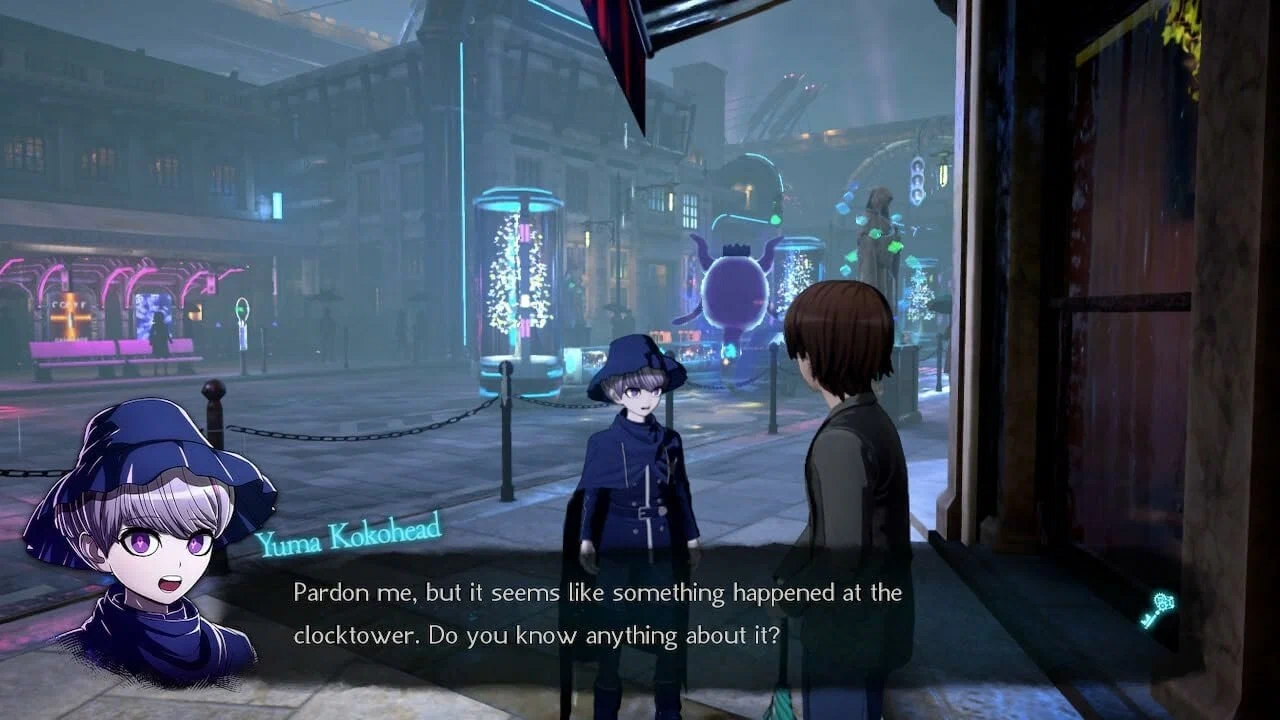 Captura Rain Code – Escena De Conversacion En Ciudad Oscura Con Luces Brillantes
