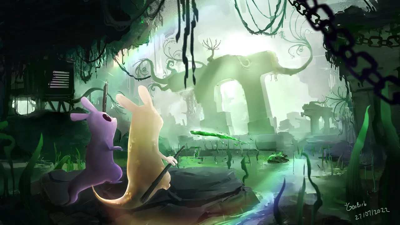 Captura Rain World Dos Criaturas Caminando En Un Entorno Verde Cubierto De Musgo