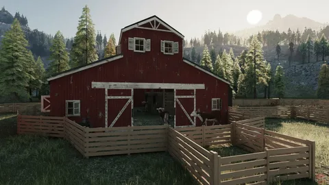 Captura Ranch Sim – Granero Rojo Con Valla De Madera Al Amanecer