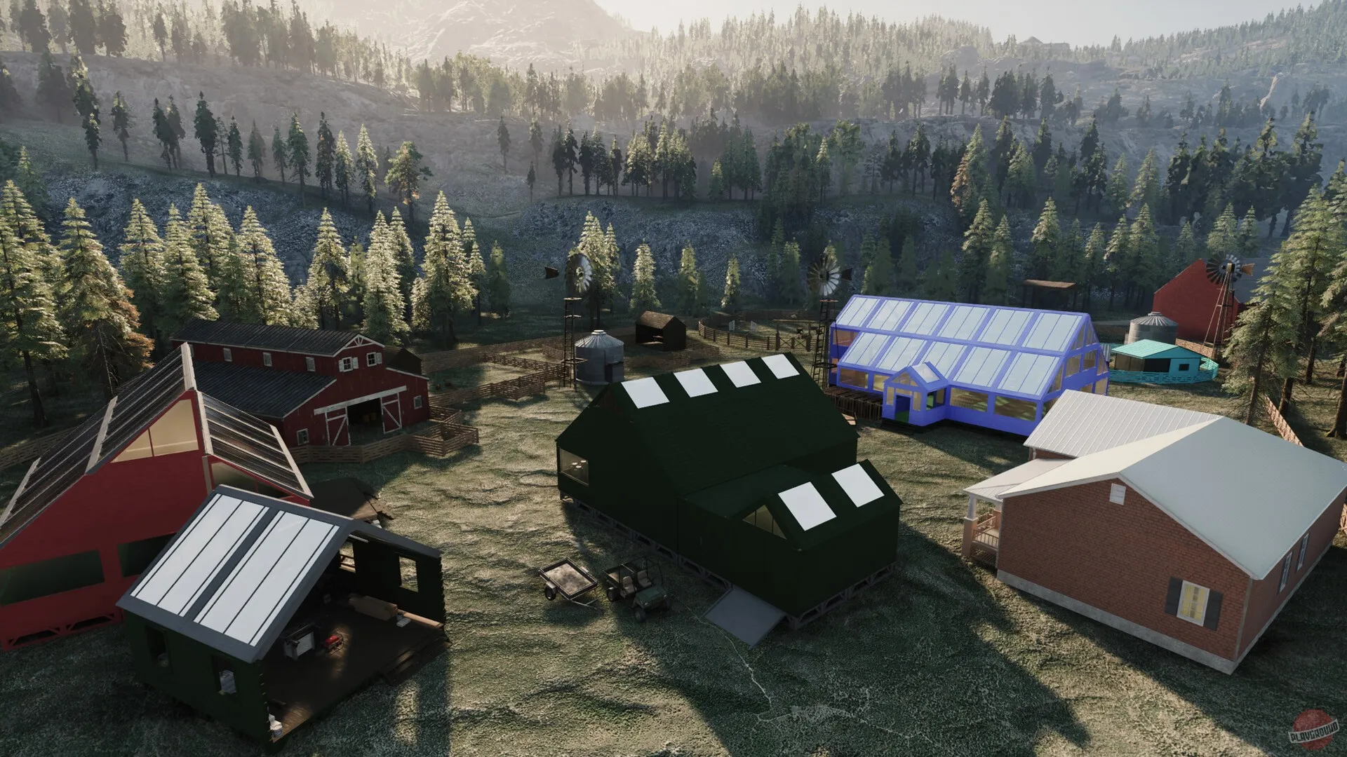 Captura Ranch Sim – Vista Aerea Del Rancho Con Casas Y Arboles En La Montana