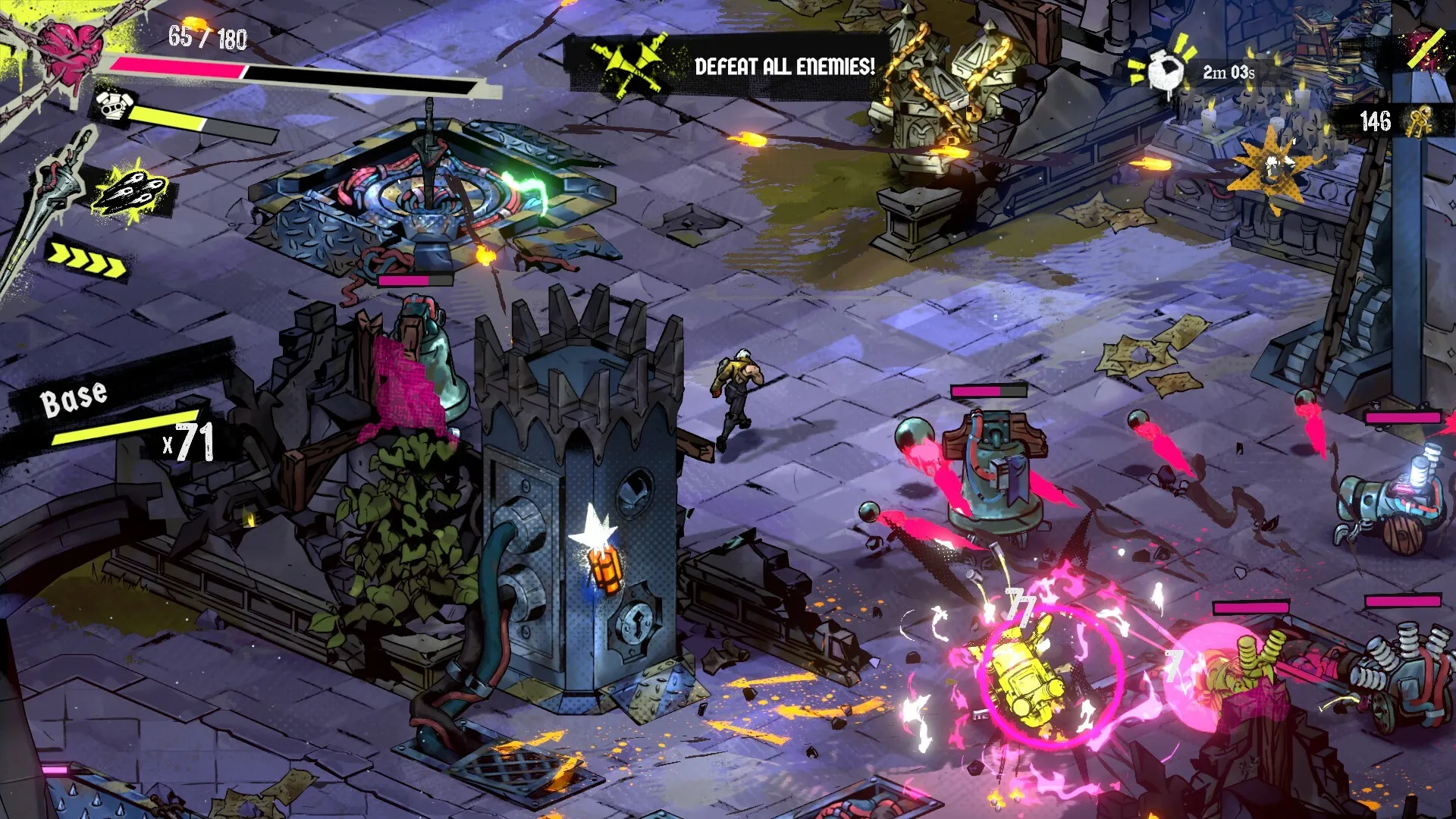 Captura Reign Breaker – Escenario Urbano Con Disparos Y Efectos Rosas Sobre El Suelo