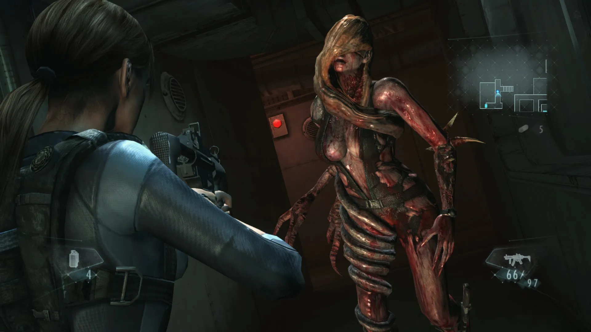 Captura Resident Evil Revelations Jill Apuntando A Criatura Mutada Dentro De Un Pasillo Oscuro