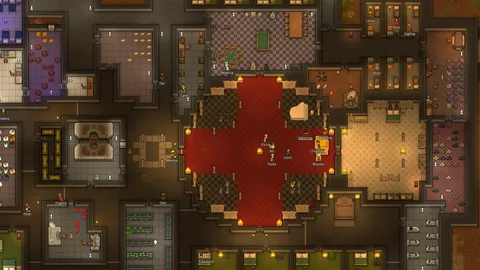 Captura RimWorld Area Central Ensangrentada Tras Un Evento Violento En La Base