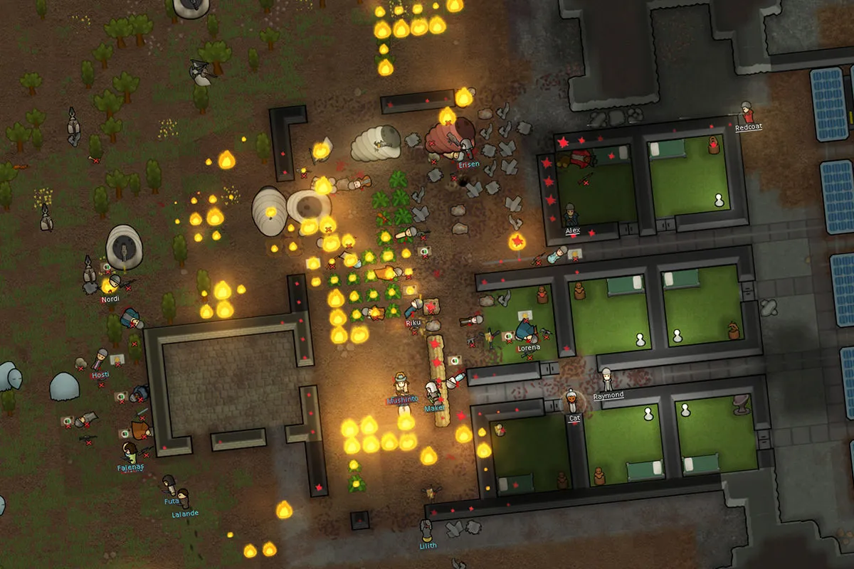 Captura RimWorld Vista Superior De Colonia Iluminada Por Antorchas Y Estructuras Construidas