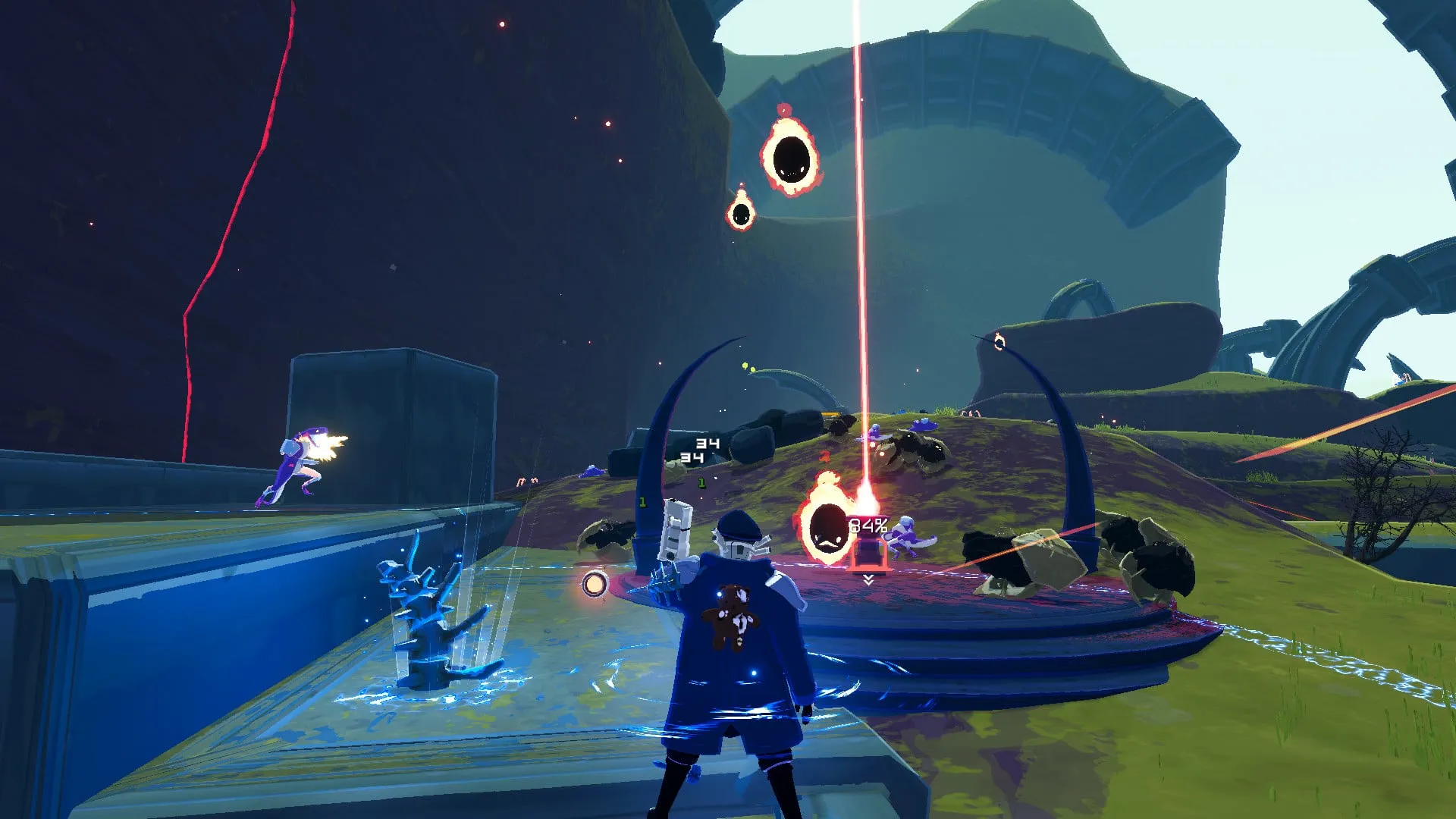 Captura Risk Of Rain 2 – Personajes Luchando Sobre Una Plataforma Futurista