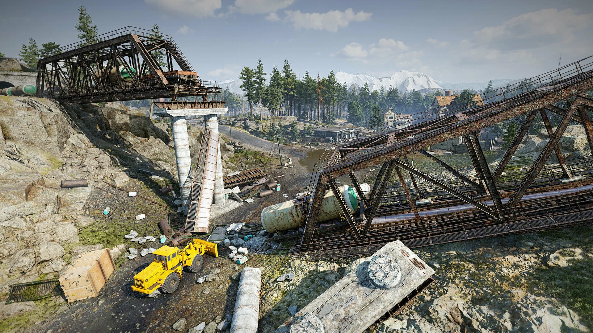 Captura RoadCraft Rebuild Edition Grua Amarilla Levantando Puente En Zona Montanosa