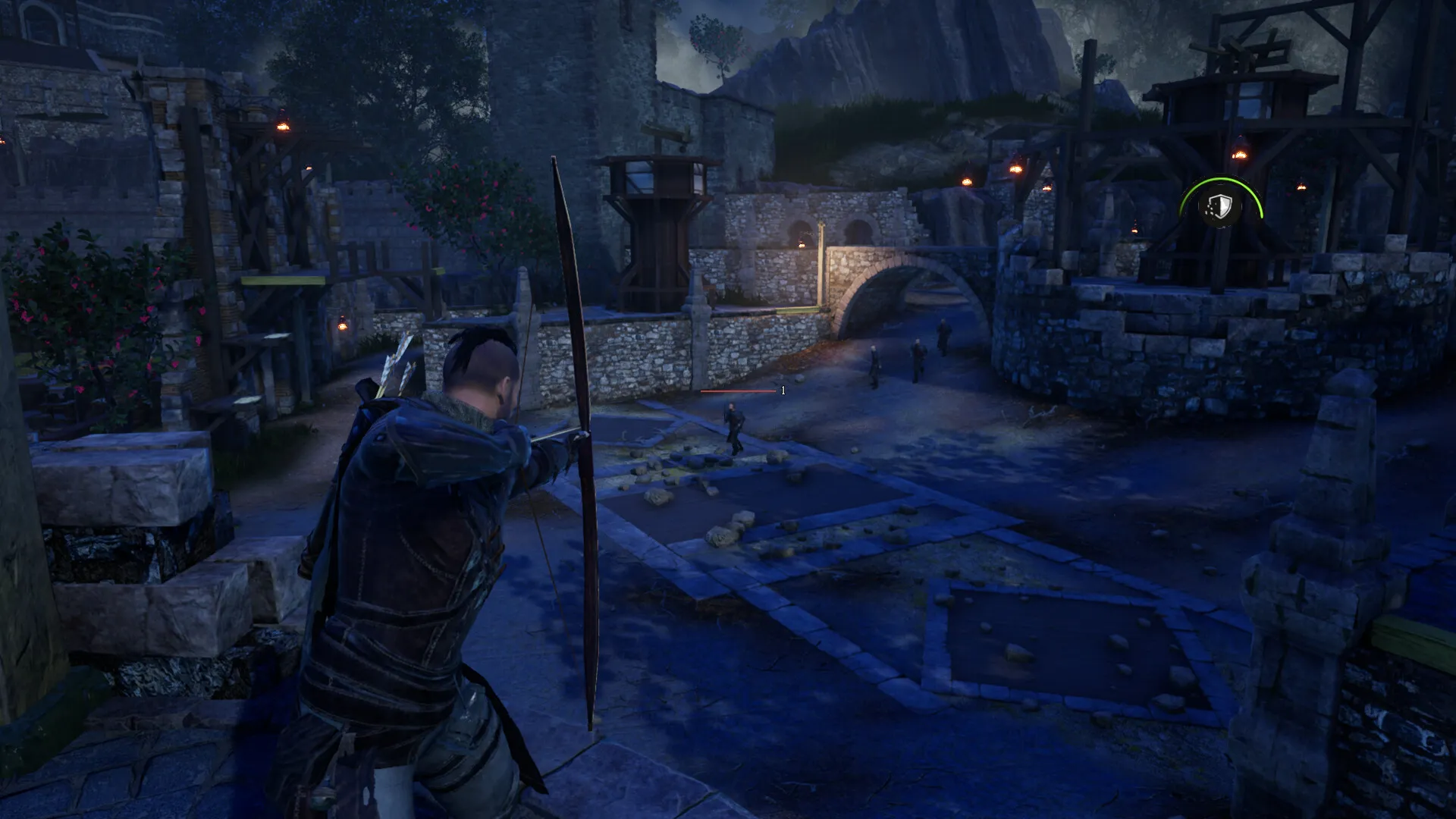Captura Robin Hood Sherwood Defenders – Escena Nocturna Con El Arquero Observando Un Campamento Iluminado