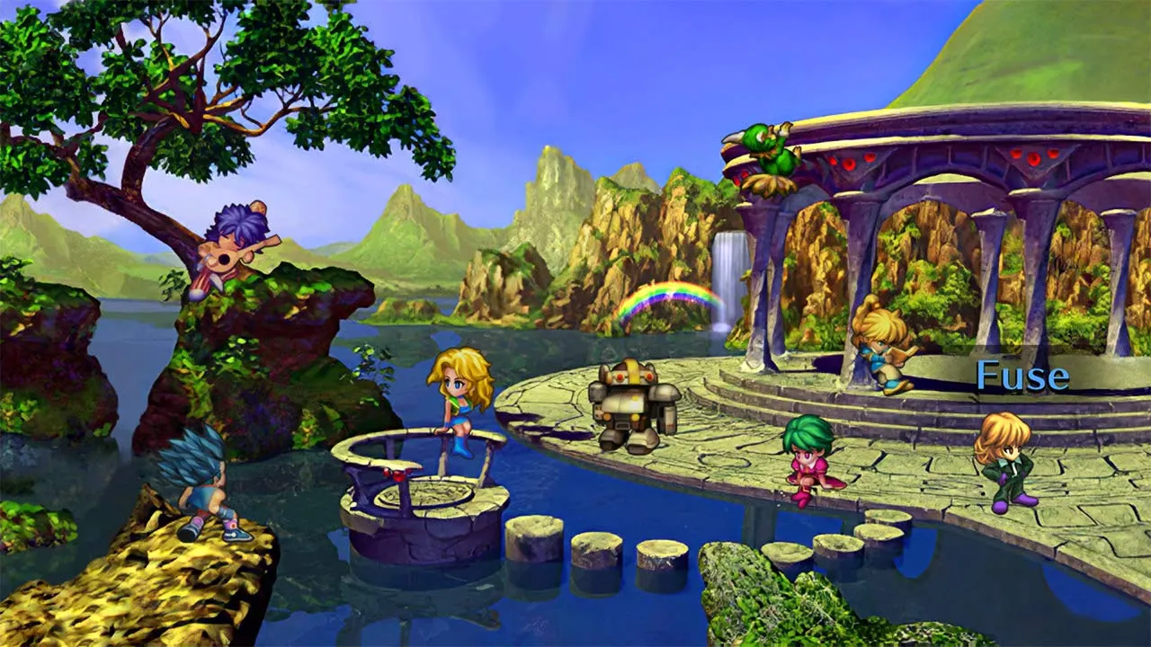 Captura SaGa Frontier 2 Escena En Una Plaza Con Fuentes Y Personajes Rodeados De Naturaleza