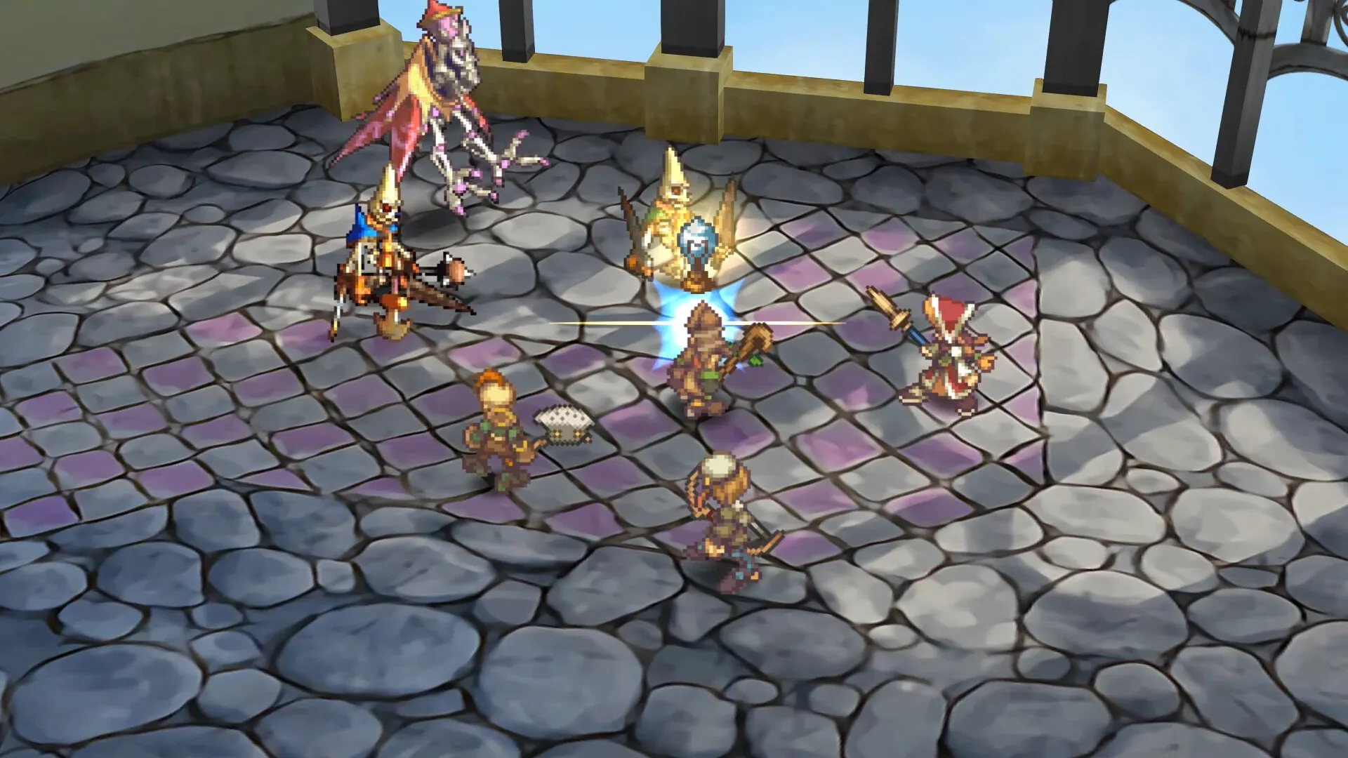 Captura SaGa Frontier Remastered Escena De Combate Por Turnos En Una Plataforma Elevada