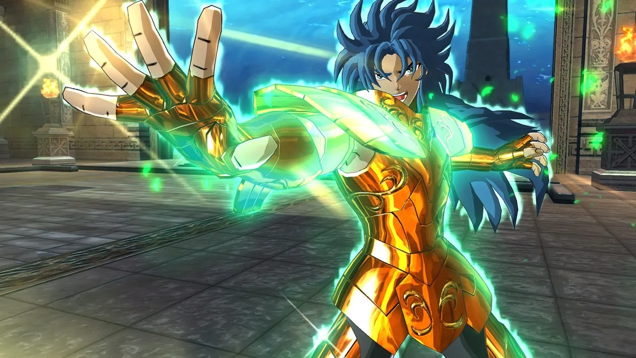 Captura Saint Seiya Soldiers Soul Caballero Con Aura Verde Brillante En Posicion De Defensa